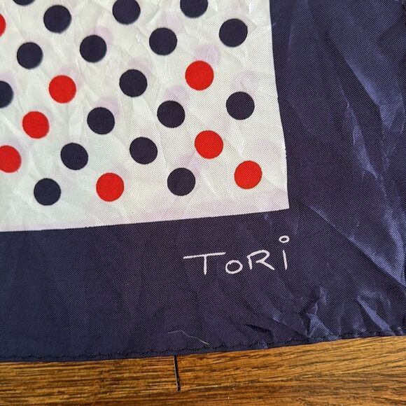 Vintage 60s/70s Tori red, white & blue polka dot acetate scarf - Picture 3 of 9